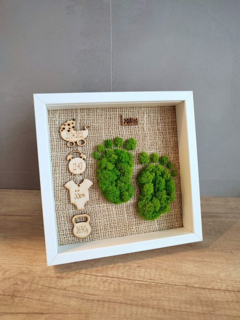 Metryczka urodzenia z mchem chrobotkiem dla chłopca lub dziewczynki