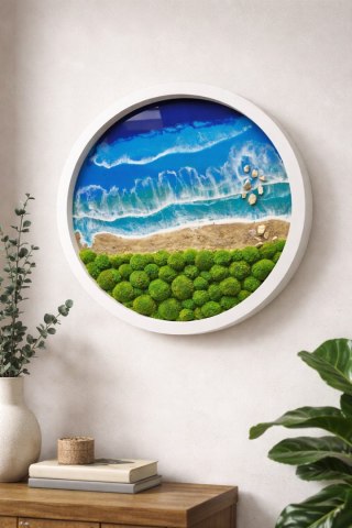 Morski obraz z żywicy epoksydowej z mchem chrobotkiem, w kole o średnicy 80 cm