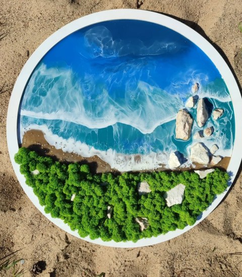 Morski obraz z żywicy epoksydowej z mchem chrobotkiem, w kole o średnicy 80 cm