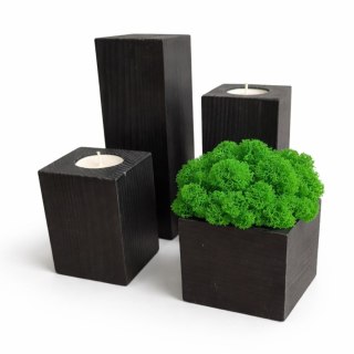 Zestaw trzech świeczników drewnianych z doniczką