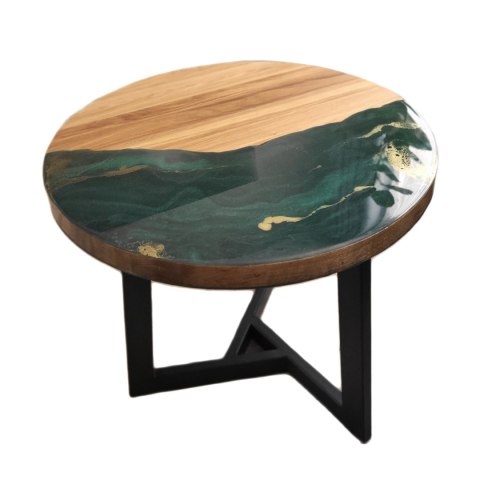 Dębowy stolik kawowy z żywicą epoksydowa butelkowa zieleń