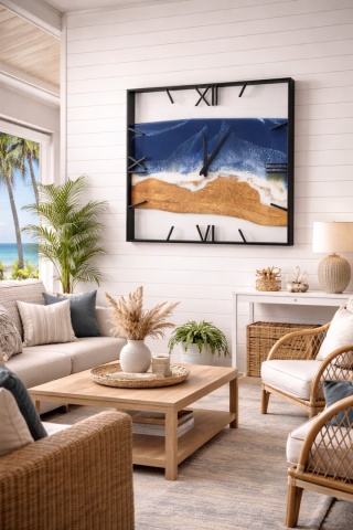 Morski drewniany zegar w metalowej ramie , 40cm