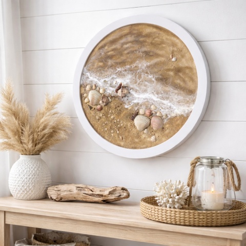 Morski obraz z muszlami z żywicy epoksydowej w kole o średnicy 50 cm