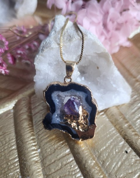 Naszyjnik z kamieniem naturalnym, agat czarny 1