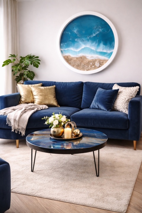 Stolik kawowy z żywicy epoksydowej, granat i złoto 50 cm