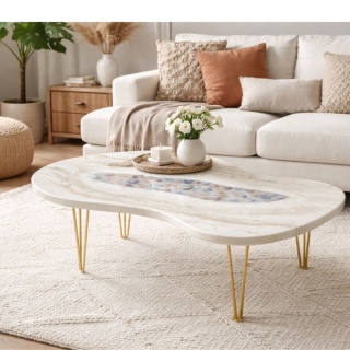 Stolik kawowy z żywicy epoksydowej z kwiatami, glamour